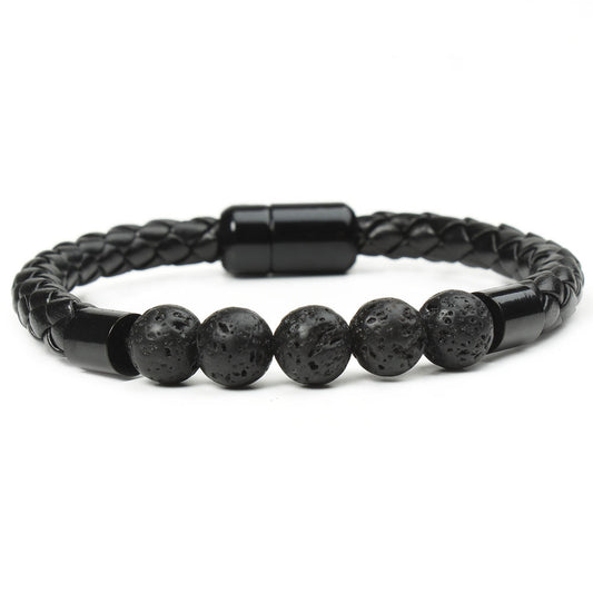 Pulsera de piedra volcánica en cuero negro