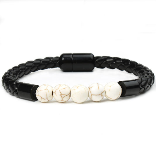 Pulsera de cuero negro con turquesas blancas